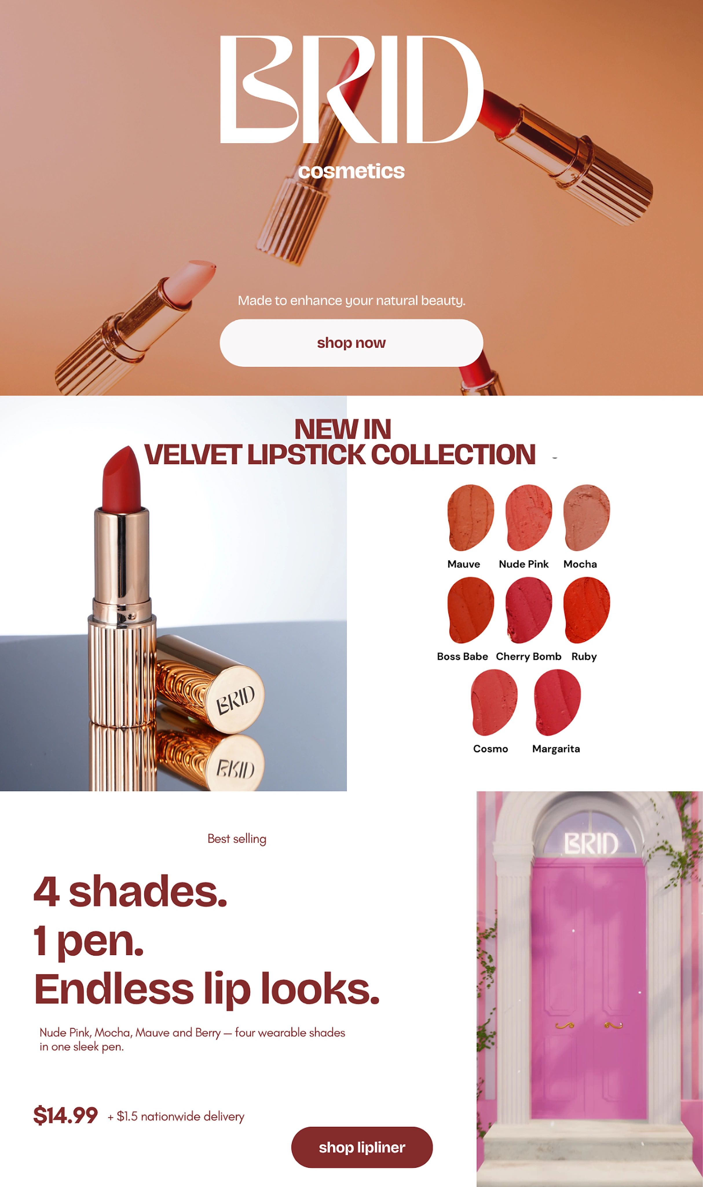 BRID Cosmetics homepage featuring the Velvet Lipstick collection and 4-in-1 Lipliner Pen